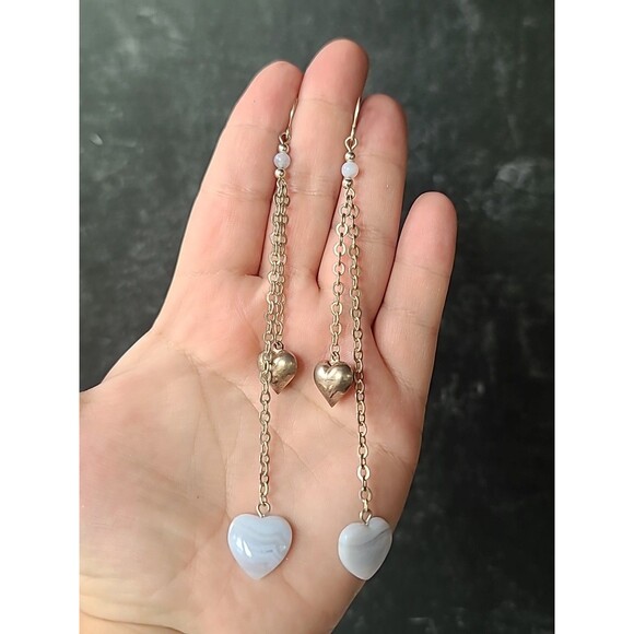 925 Sterling Silver Beaded Heart Lace Agate Dangling Pierced Earrings Vintage - Picture 2 of 10